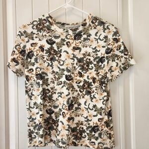 White Stag Floral Short Sleeve Top-Shades Of  Brown & Green On Cream, Size Small